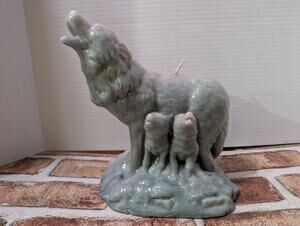 Vintage Wolf Family & Pups Howling Wax Shaped Candle 9” Tall Retro Decor Green